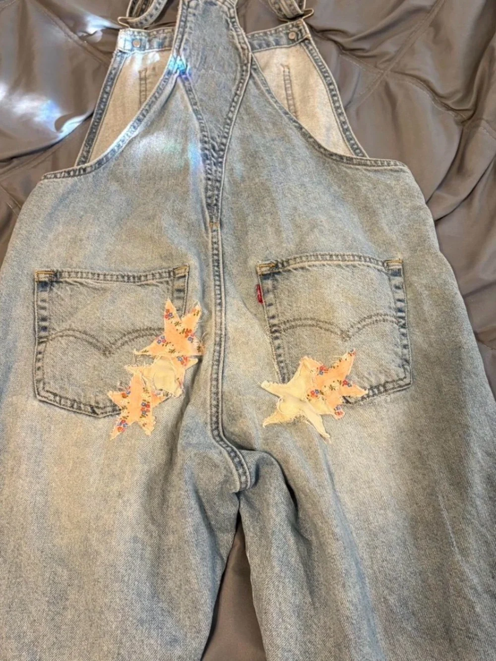 Vintage Light Blue Denim Overalls with Floral Patch - Men Jeans